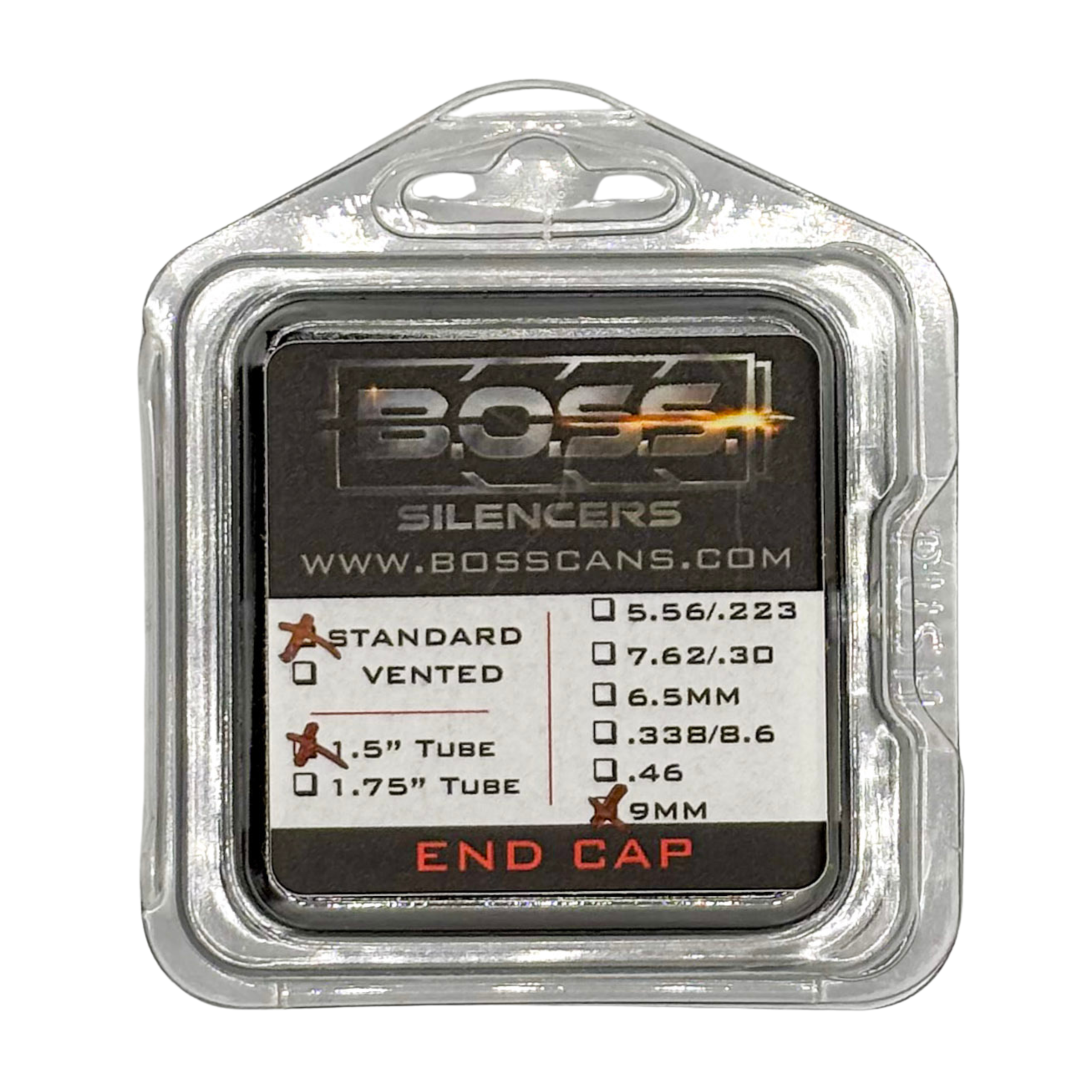 BOSS 9MM END CAP FOR 1.5IN BOSS SILENCER MODELS ONLY STAINLESS END CAP STANDARD BLACK EC-150-9MM-SS-SE-BLK