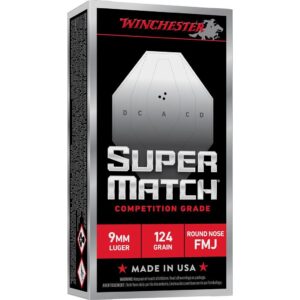Winchester Super Match Handgun Ammunition 9mm Luger 124gr FMJ 1140fps 50/ct