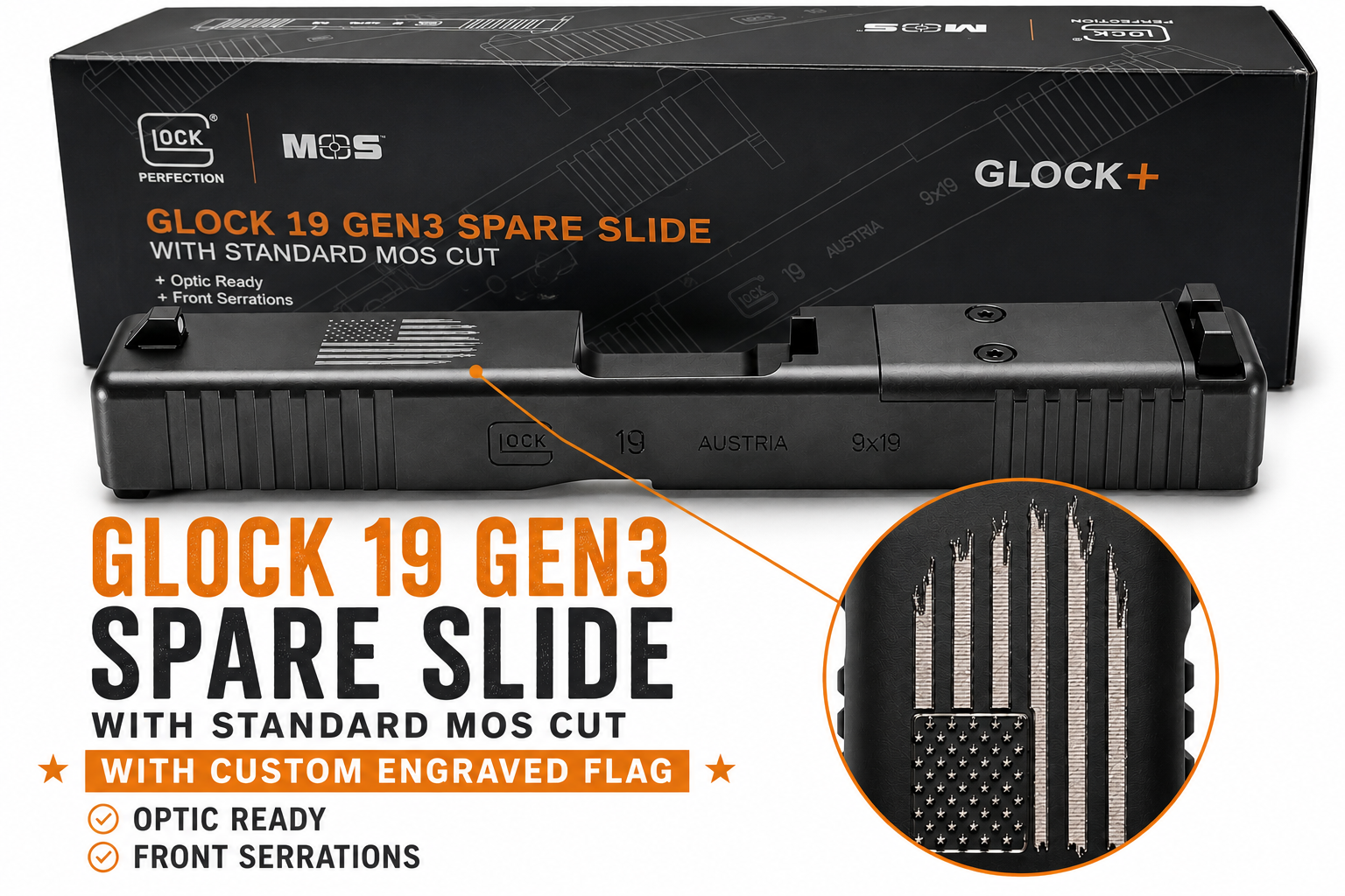 GLOCK SLIDE ONLY SILVER DISTRESSED FLAG G19 (GEN3/MOS/FS) 79008 DTFLAG CAMFOUR EXCLUSIVE