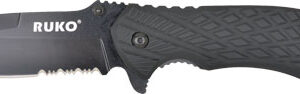 RUKO FOLDER SERRATED 3.25" - BLACK HANDLE CLAMSHELL